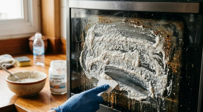 Una pasta espesa de bicarbonato y agua puede aflojar manchas oscuras del vidrio del horno sin aplicar el producto sobre la superficie caliente