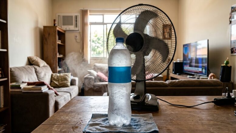 Una botella congelada delante del