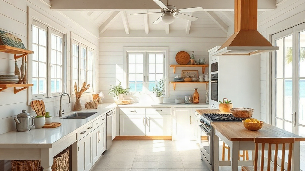 interior de casa de praia iluminado - cozinha